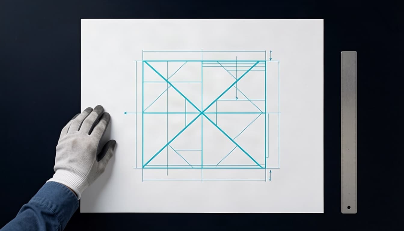 Residential roof plan on a dark drafting table with cyan measurement geometry, a gloved hand, and a scale ruler